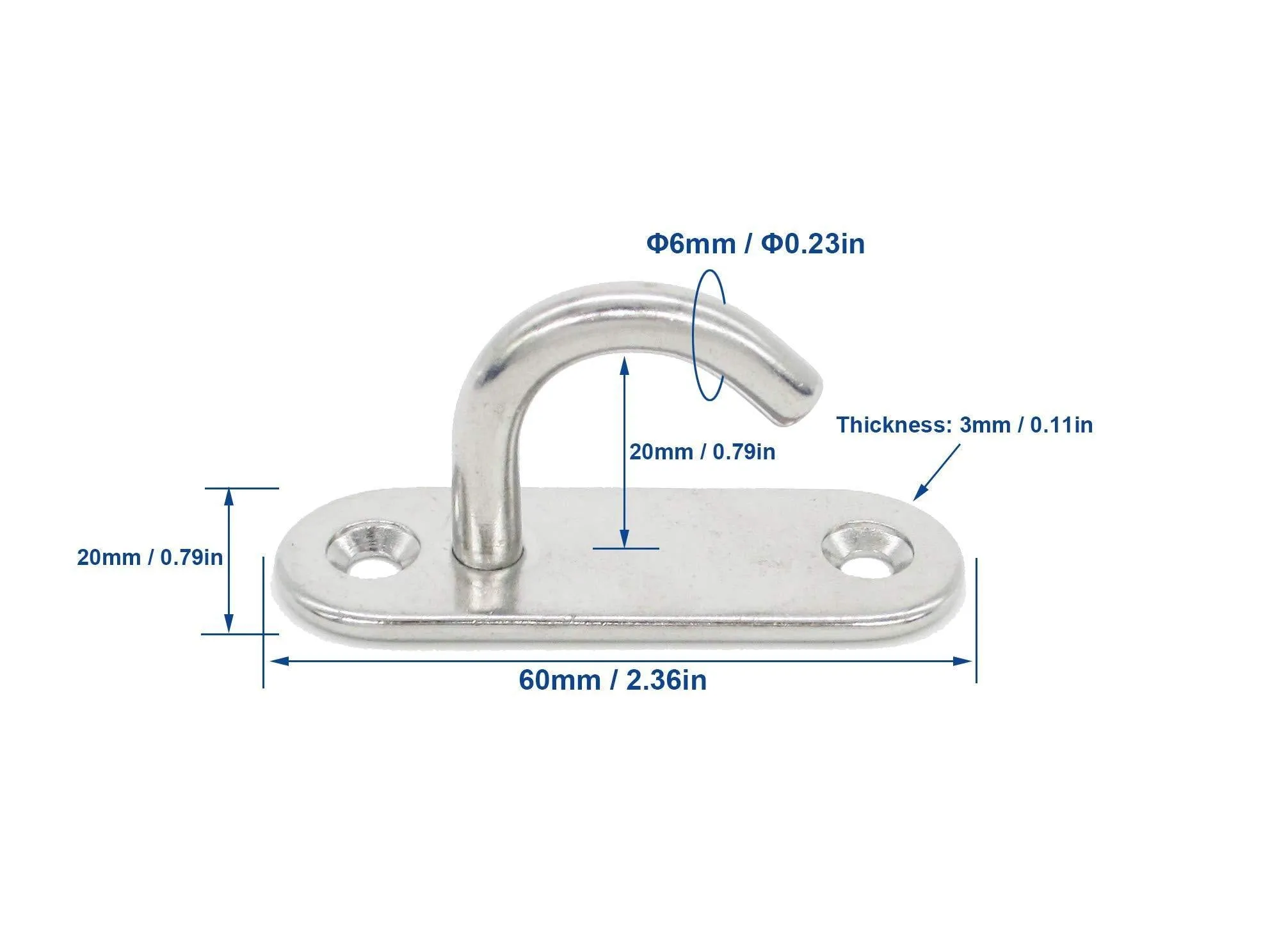 Stainless Steel Ceiling Hooks Wall Hooks, M6 Screw Mount Hook Hangers, Pad Eye Straps Tie Down Anchor Point Rigging, Pack of 4
