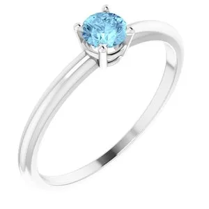 Sterling Silver 3 mm Round Imitation Aquamarine Birthstone Ring Size 3