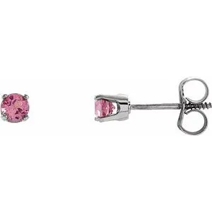 Sterling Silver 3 mm Round Imitation Pink Tourmaline Youth Birthstone Earrings