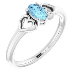 Sterling Silver 5x3 mm Oval Imitation Aquamarine Youth Heart Ring