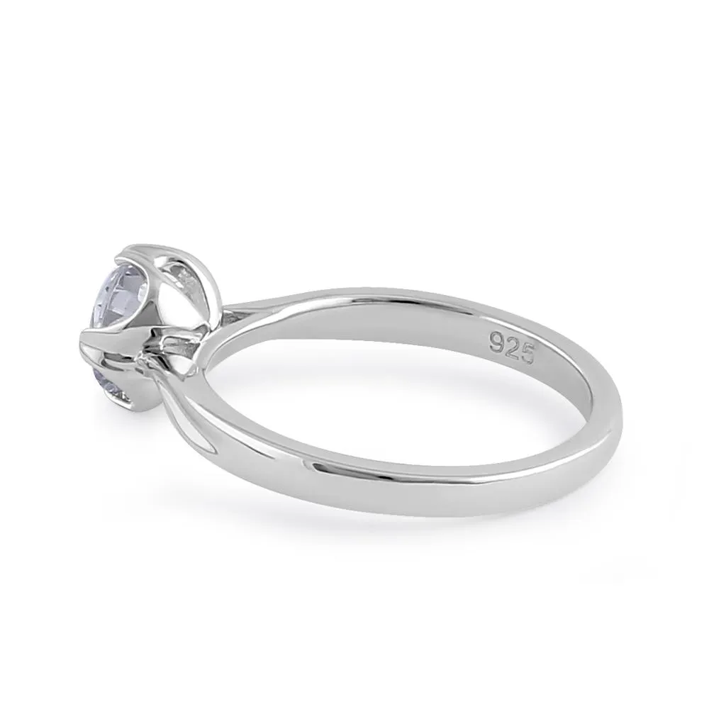 Sterling Silver 6.5mm Clear CZ Six Crossed Prong Setting Ring