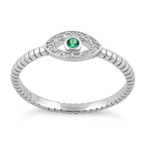 Sterling Silver Emerald Stone Evil Eye CZ Ring