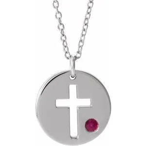 Sterling Silver Imitation Ruby Pierced Cross Disc 16-18" Necklace