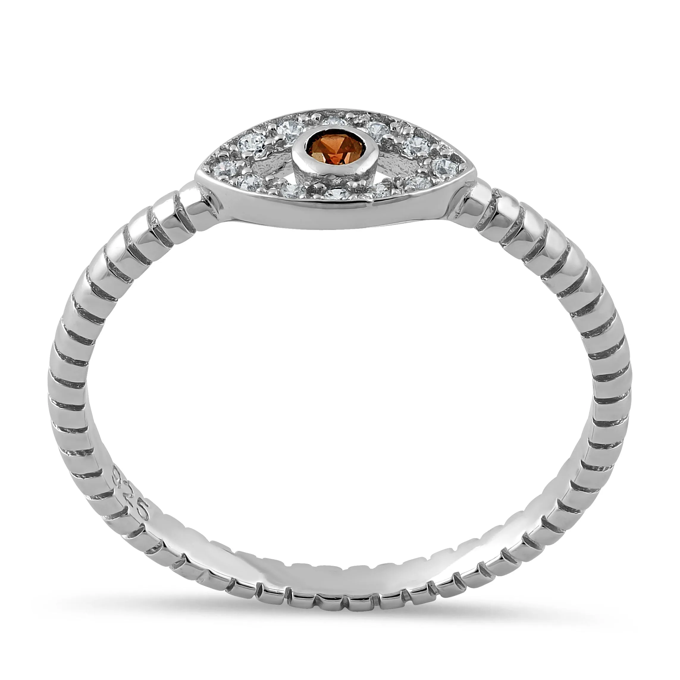 Sterling Silver Red Orange Stone Evil Eye CZ Ring