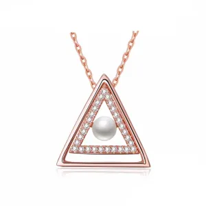 Sterling Silver Rose Gold Color Necklace with Triangle Design Simulated Pearl Pendant for Women