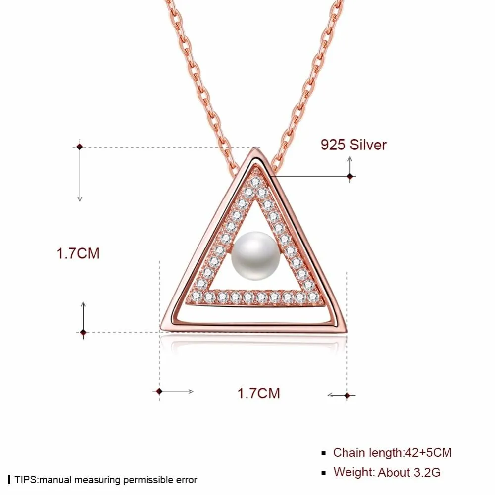 Sterling Silver Rose Gold Color Necklace with Triangle Design Simulated Pearl Pendant for Women