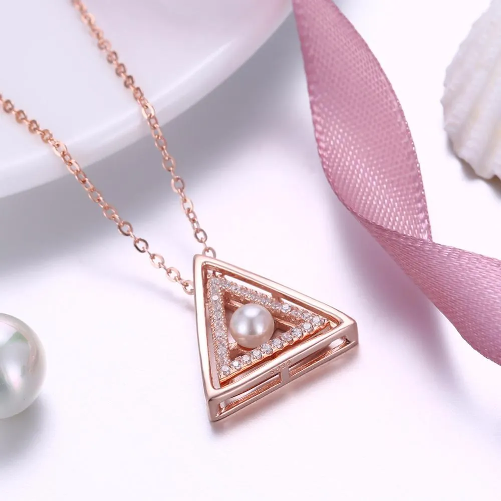Sterling Silver Rose Gold Color Necklace with Triangle Design Simulated Pearl Pendant for Women