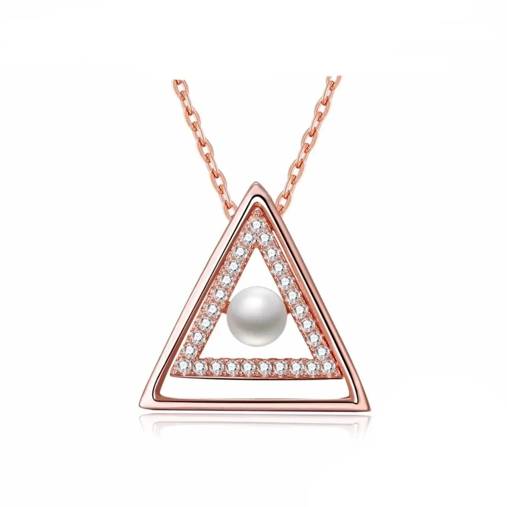 Sterling Silver Rose Gold Color Necklace with Triangle Design Simulated Pearl Pendant for Women
