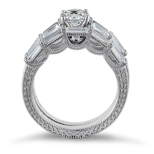 Sterling Silver Vintage Round & Baguette Cut Clear CZ Engagement Ring Set