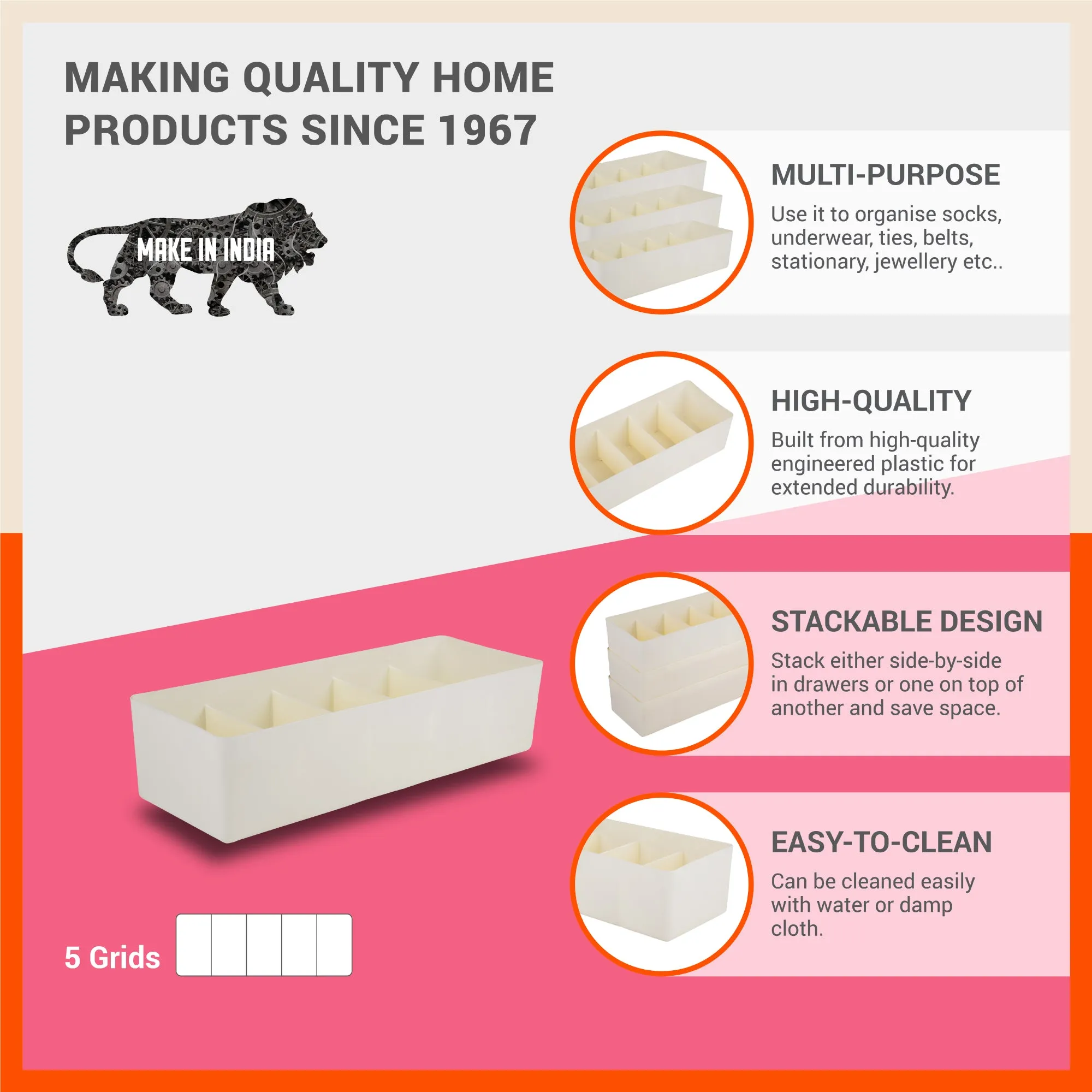 Stomo Dori Multi-Purpose Stackable Drawer Organizer For Home | Ivory - Set of 8