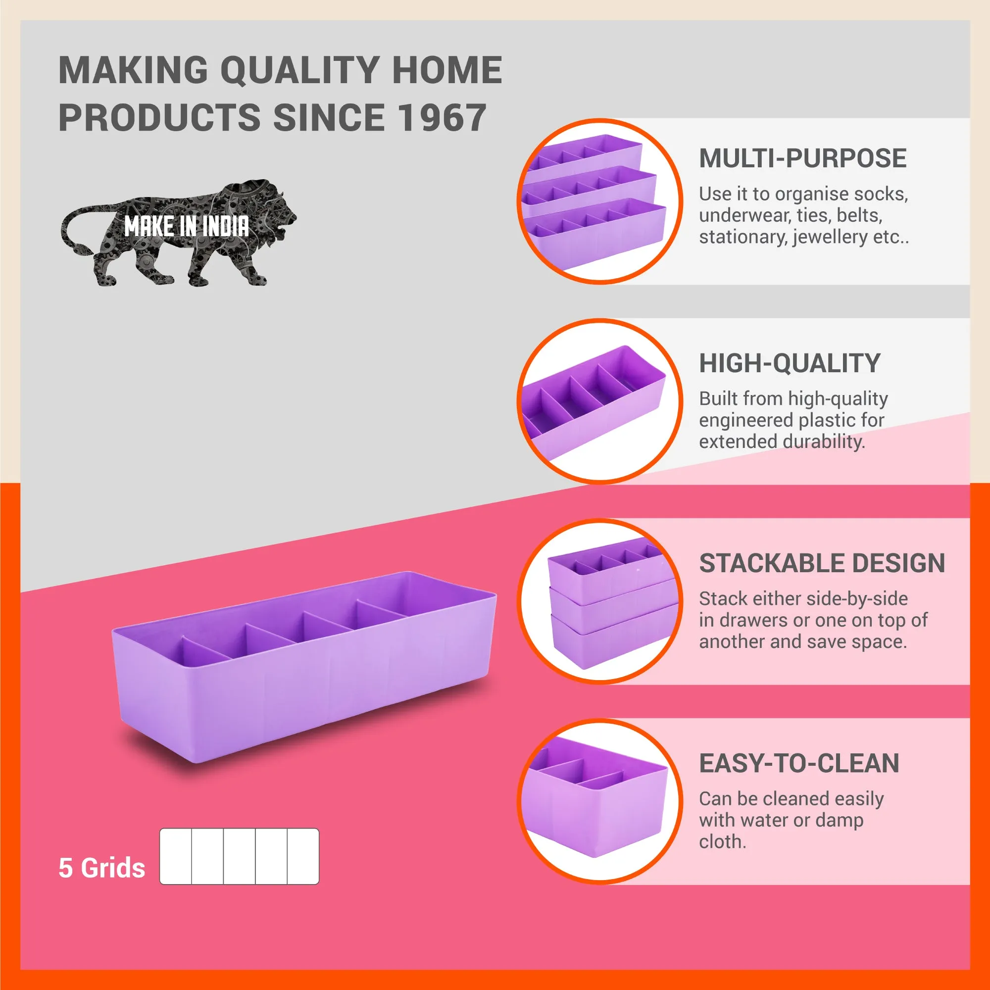 Stomo Dori Multi-Purpose Stackable Drawer Organizer For Home | Lavender - Set of 2