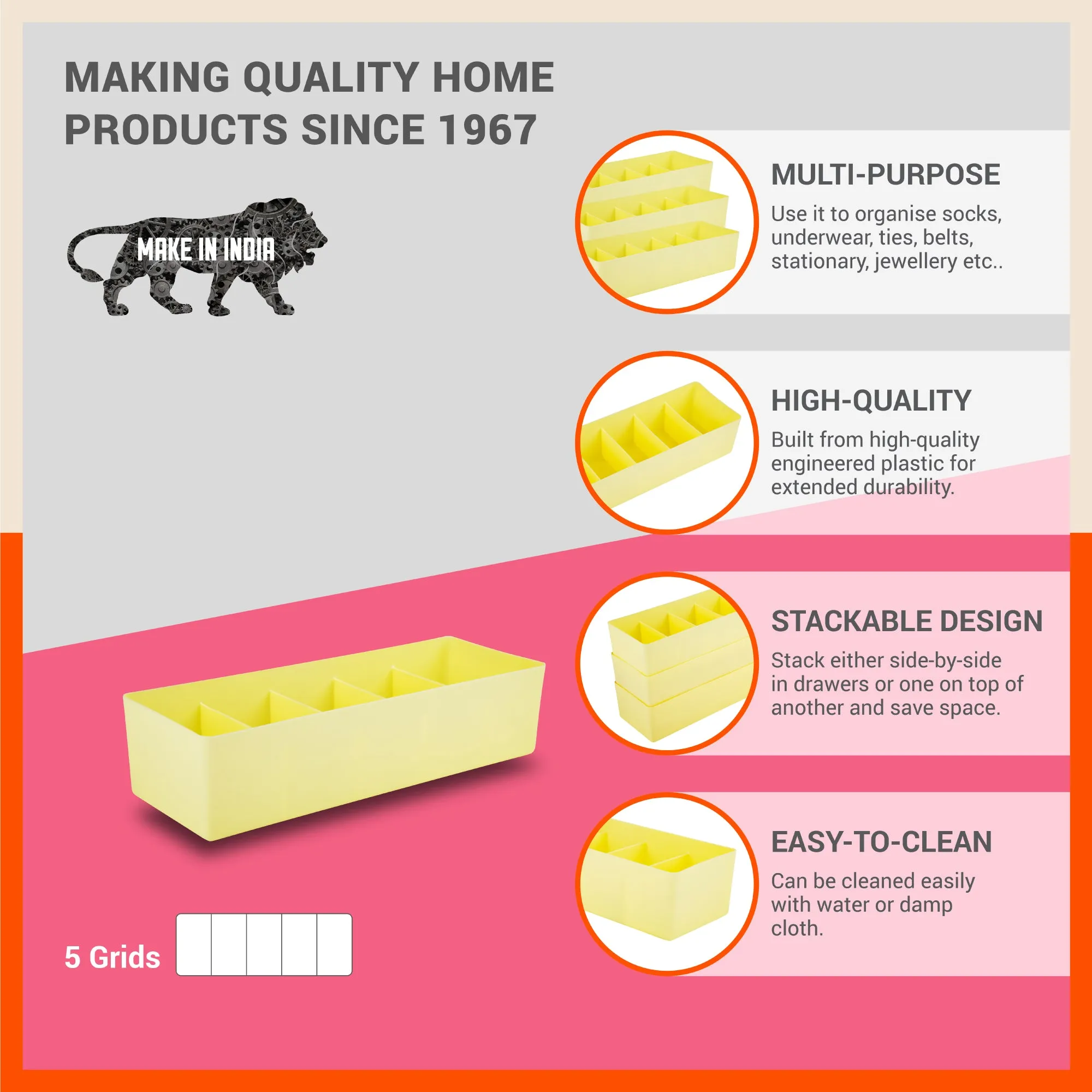 Stomo Dori Multi-Purpose Stackable Drawer Organizer For Home | Lemon - Set of 4