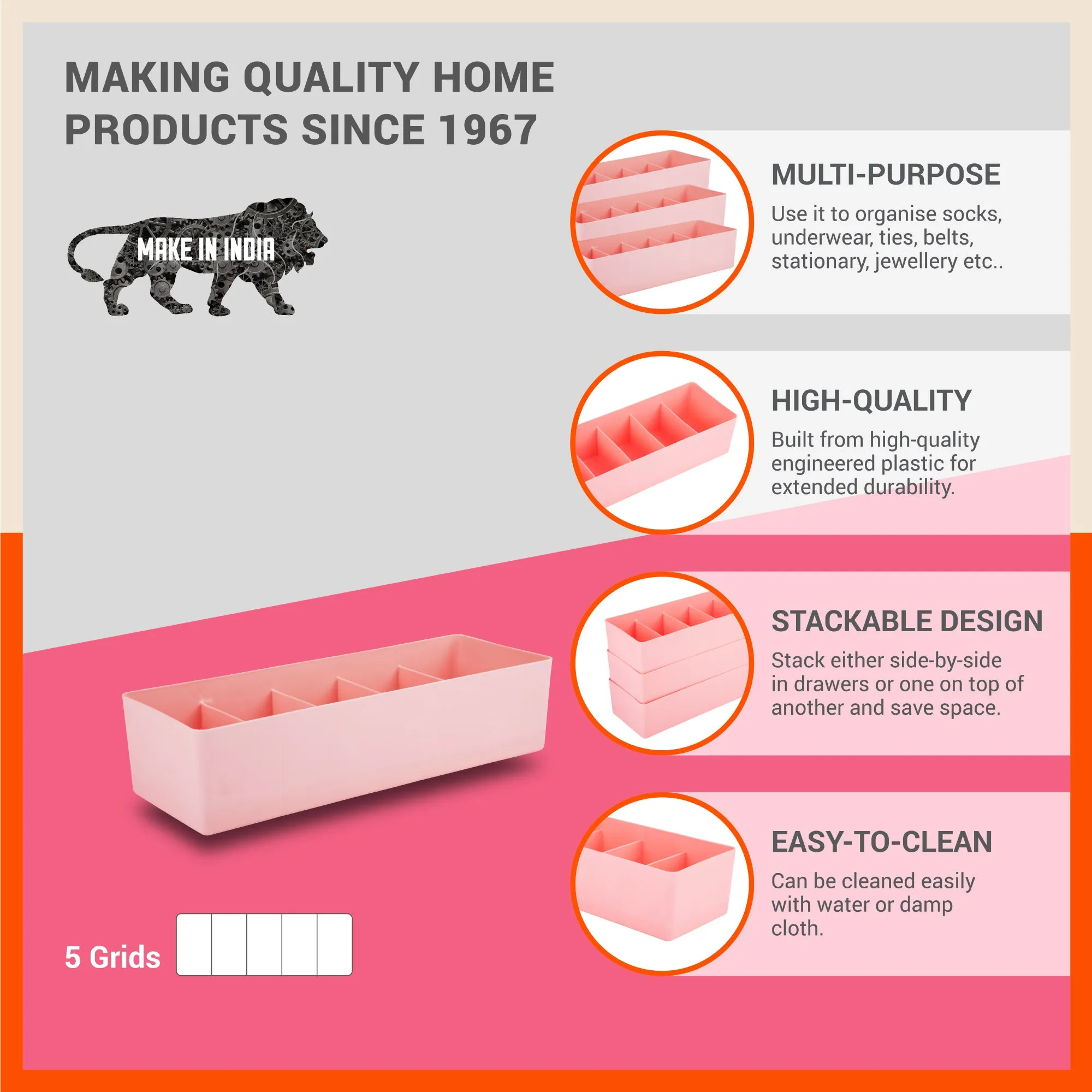 Stomo Dori Multi-Purpose Stackable Drawer Organizer For Home | Peach - Set of 8