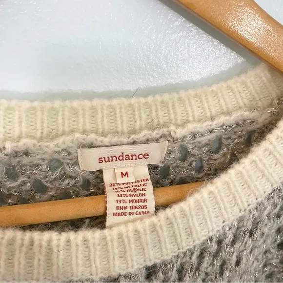 Sundance Metallic Open Knit Crewneck Sweater Silver Cream Chunky Mohair Medium
