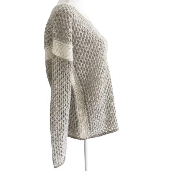 Sundance Metallic Open Knit Crewneck Sweater Silver Cream Chunky Mohair Medium