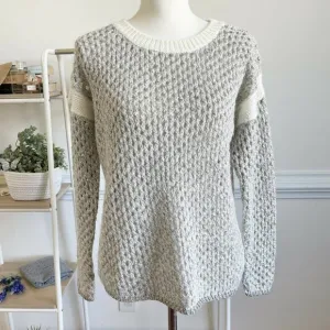 Sundance Metallic Open Knit Crewneck Sweater Silver Cream Chunky Mohair Medium