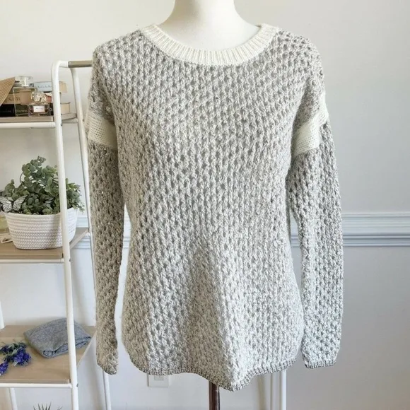 Sundance Metallic Open Knit Crewneck Sweater Silver Cream Chunky Mohair Medium