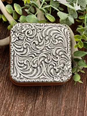 Swirl Flower Stamped Silver Travel Jewelry Box - Brown
