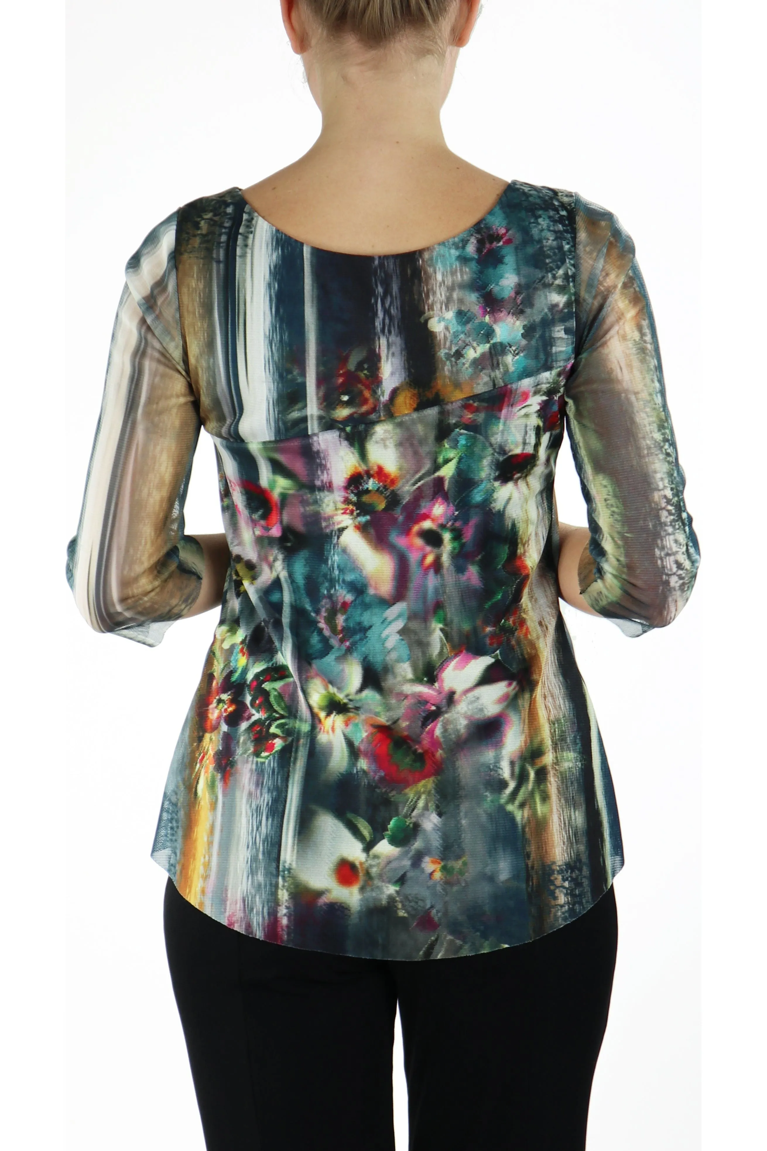 TAMMY Abstract Floral Diagonal Splice 3/4 Length Sheer Sleeves Tunic Top