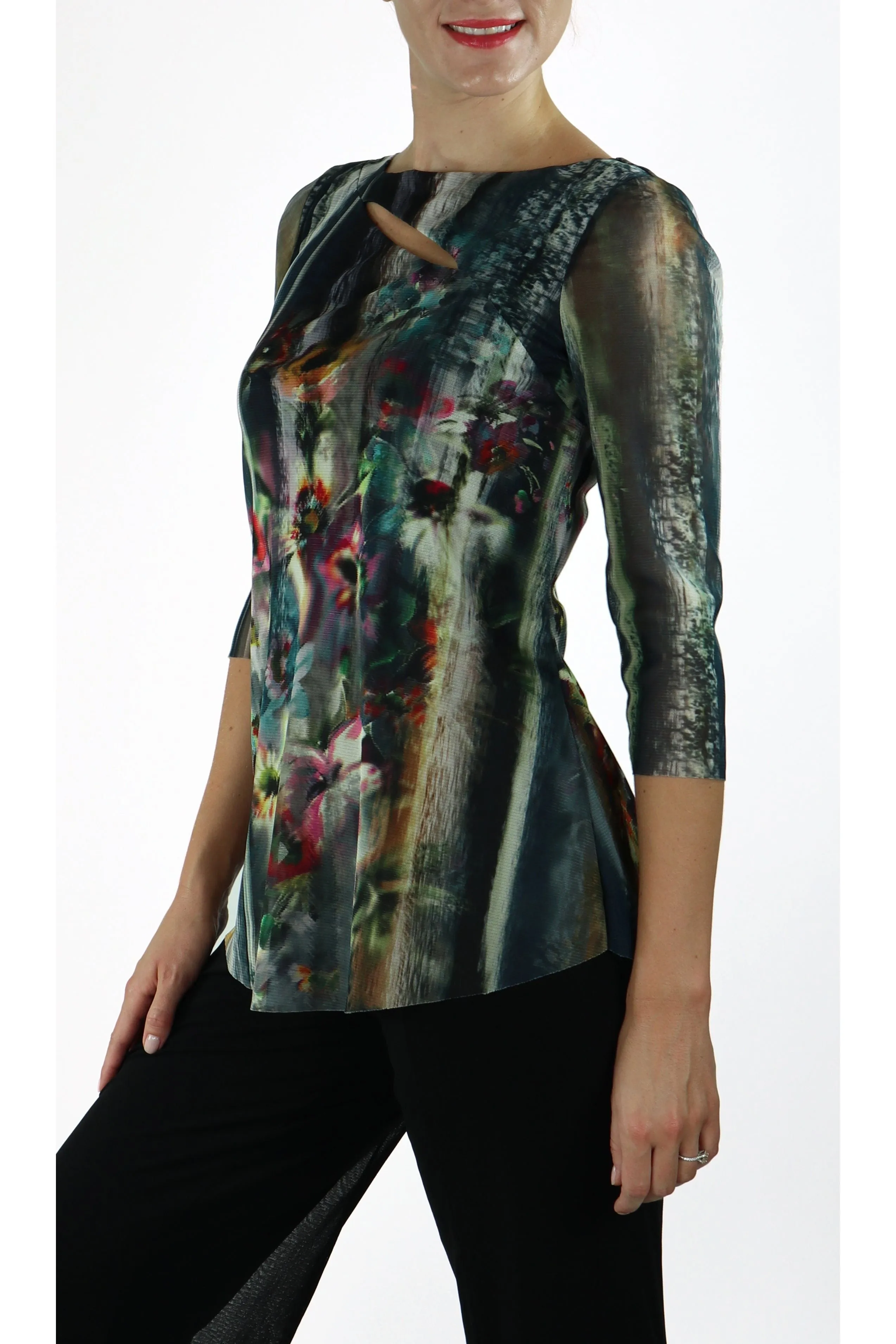 TAMMY Abstract Floral Diagonal Splice 3/4 Length Sheer Sleeves Tunic Top
