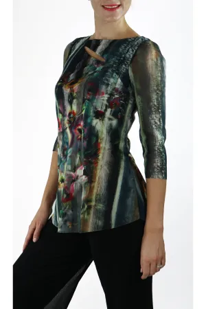 TAMMY Abstract Floral Diagonal Splice 3/4 Length Sheer Sleeves Tunic Top