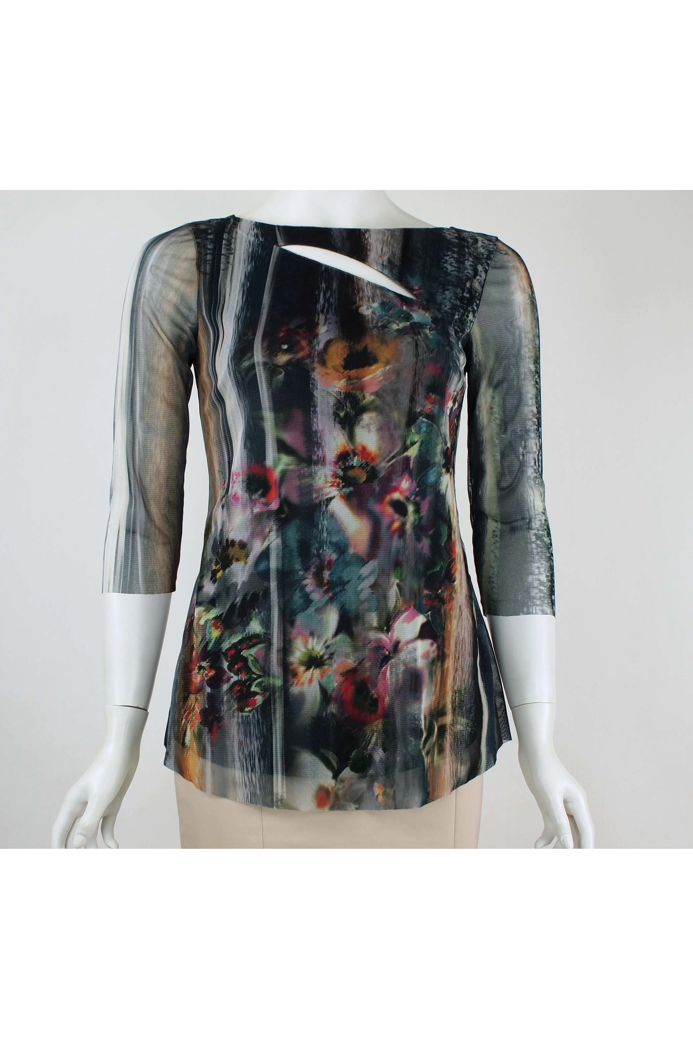 TAMMY Abstract Floral Diagonal Splice 3/4 Length Sheer Sleeves Tunic Top