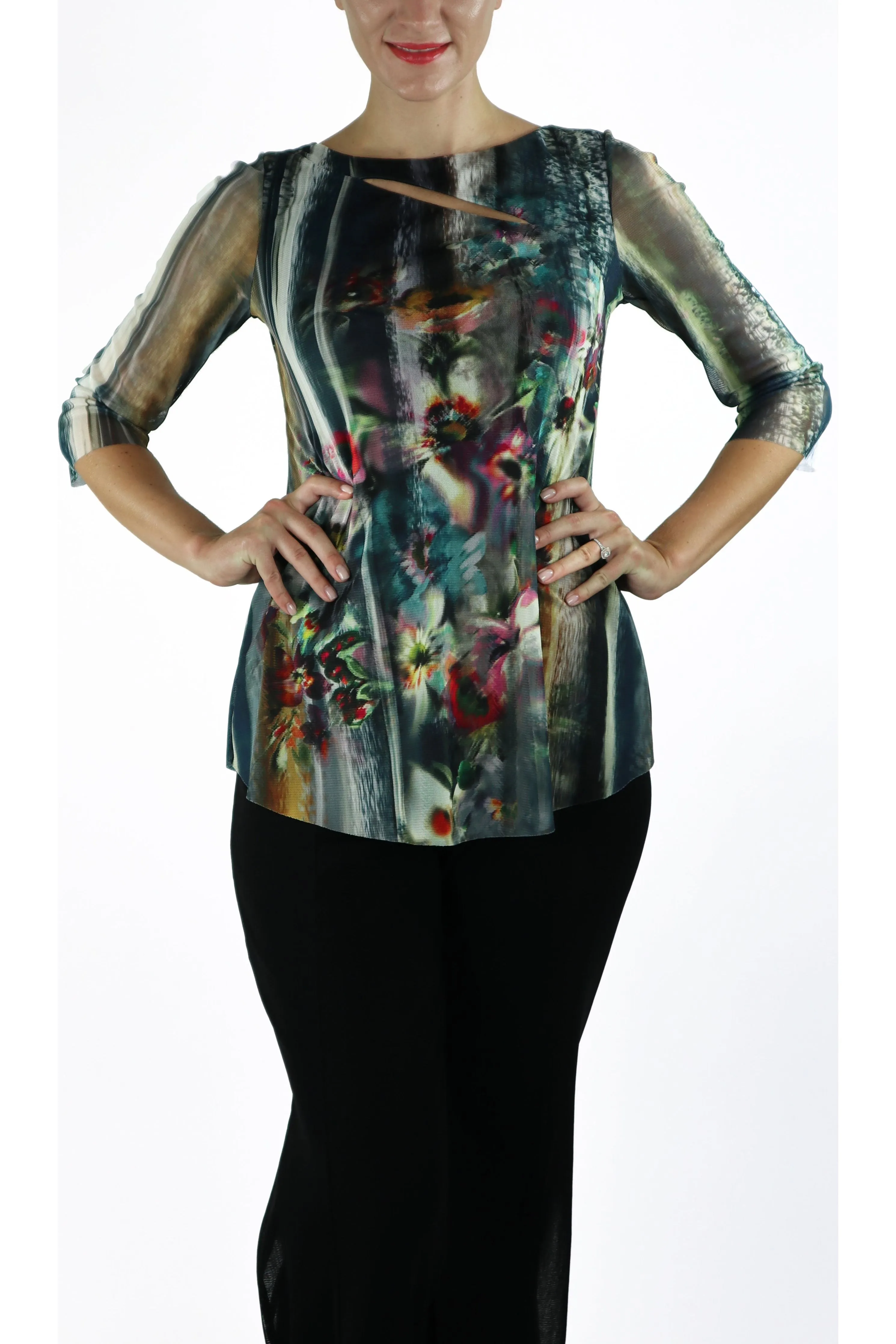 TAMMY Abstract Floral Diagonal Splice 3/4 Length Sheer Sleeves Tunic Top