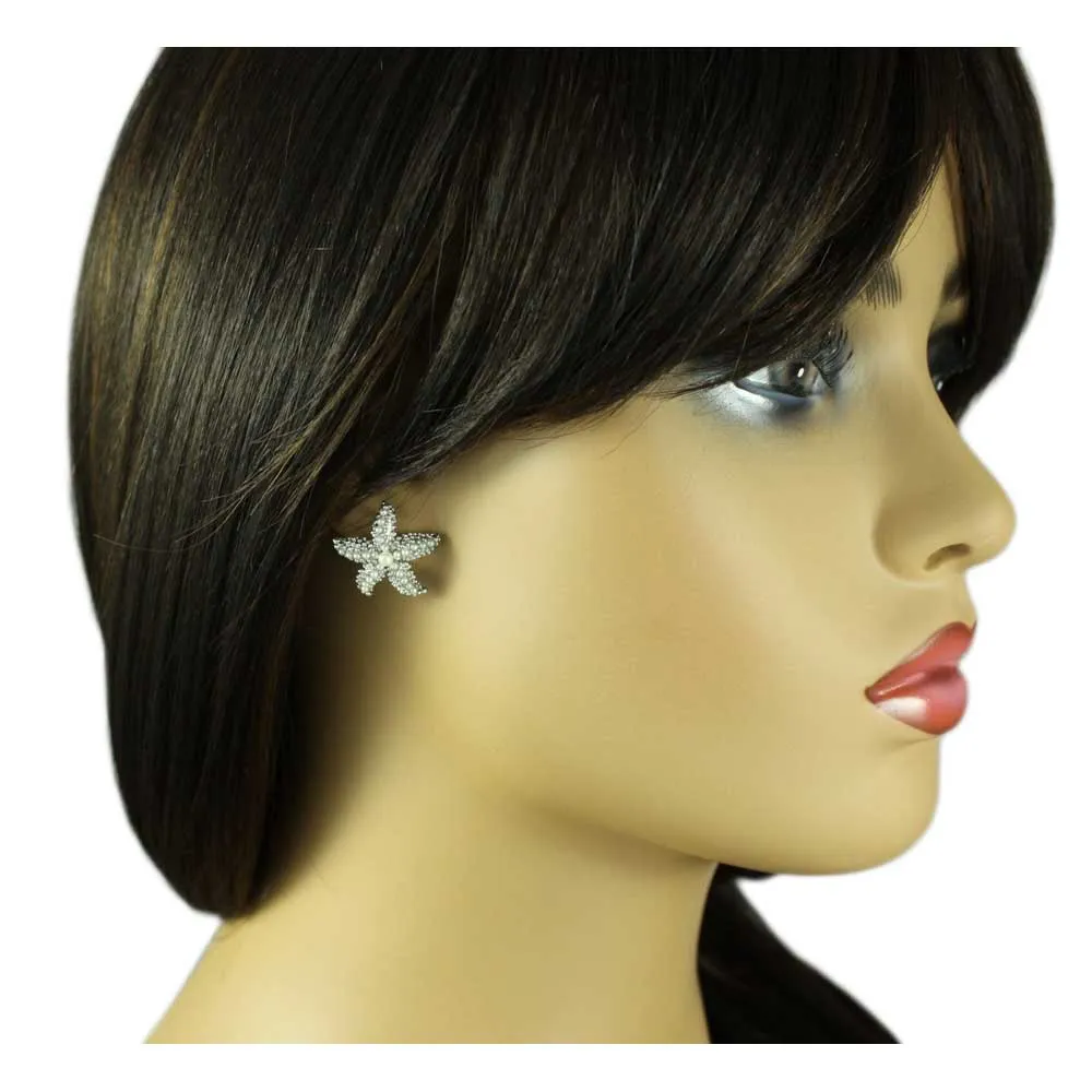 Textured Silver Starfish with White Pearls Pierced Earring - PT337E