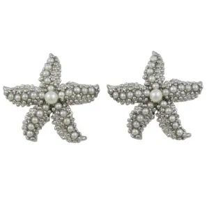 Textured Silver Starfish with White Pearls Pierced Earring - PT337E