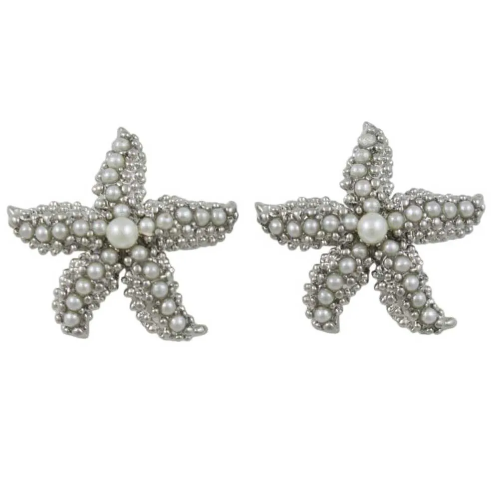 Textured Silver Starfish with White Pearls Pierced Earring - PT337E
