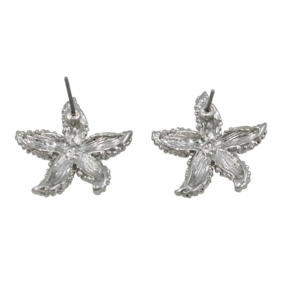 Textured Silver Starfish with White Pearls Pierced Earring - PT337E