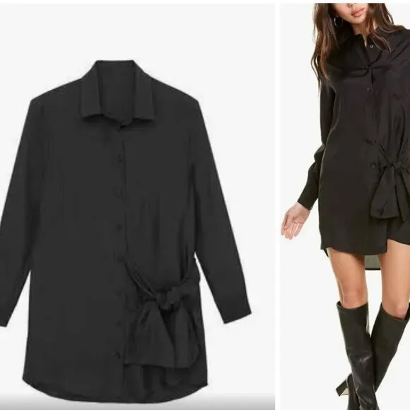 Thakoon Women's Black Silk Long Sleeve Shirt Dress Size XS Knee Length