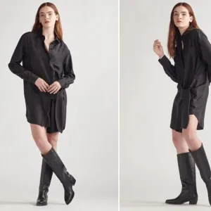 Thakoon Women's Black Silk Long Sleeve Shirt Dress Size XS Knee Length