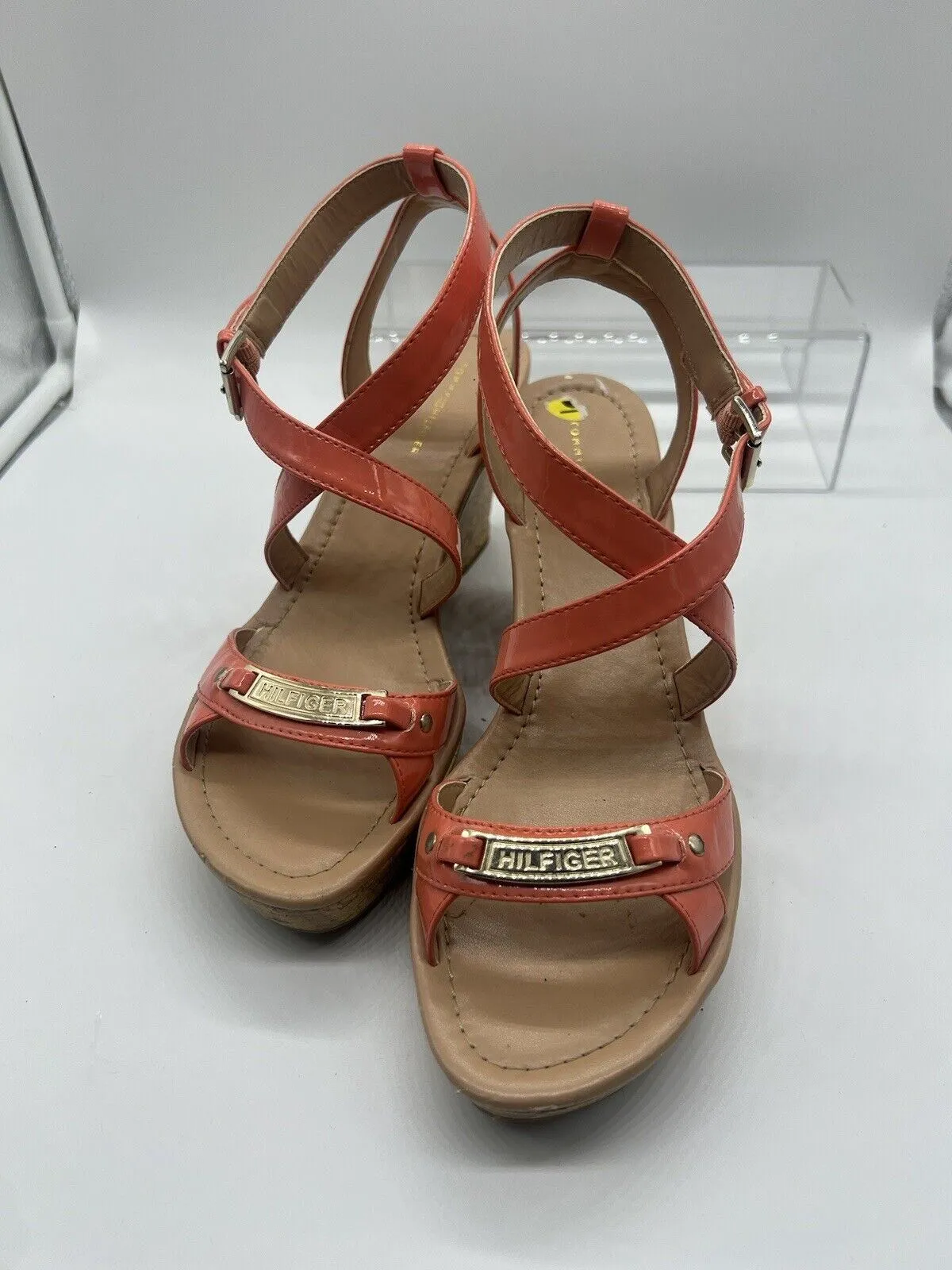 Tommy Hilfiger Melanite-T Women US 9 Coral Orange Cork Wedge Sandal Sling Back