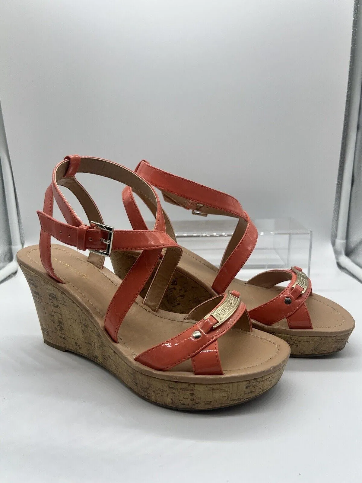 Tommy Hilfiger Melanite-T Women US 9 Coral Orange Cork Wedge Sandal Sling Back