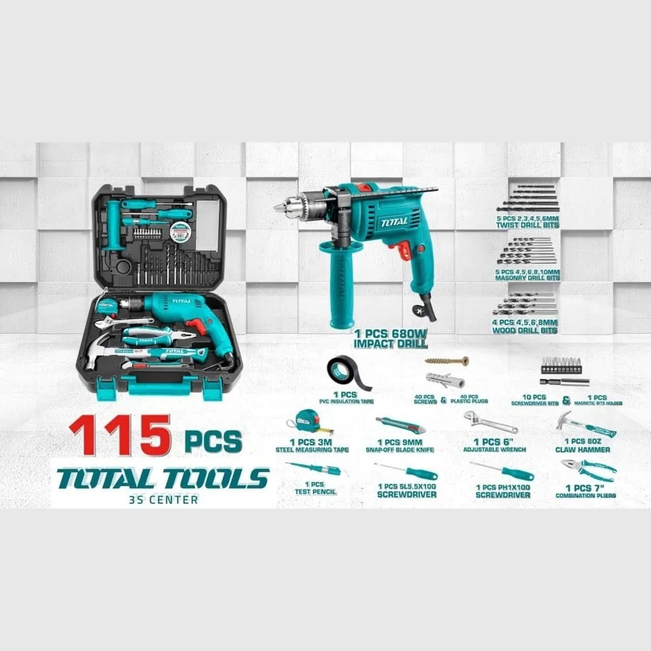Total 115 Pieces Tool Set with 680W Hammer Impact Drill - THKTHP1152