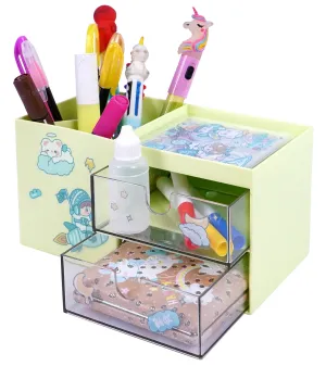 Toyshine Multi-Functional Desk Drawer Organizer Storages Box inbuilt 3 Compartments and 2 Drawers with Kawaii Sticker Sheets -Green