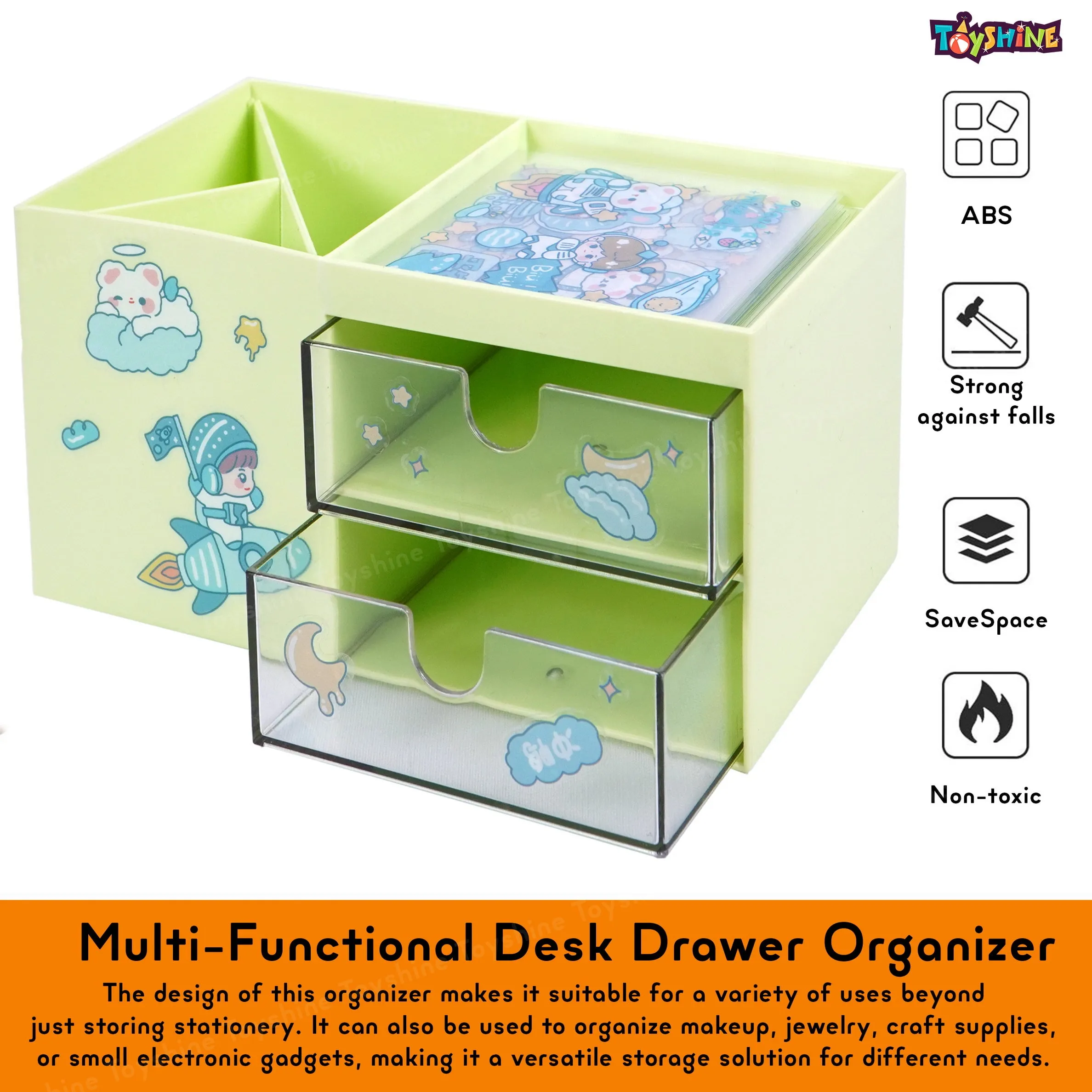 Toyshine Multi-Functional Desk Drawer Organizer Storages Box inbuilt 3 Compartments and 2 Drawers with Kawaii Sticker Sheets -Green