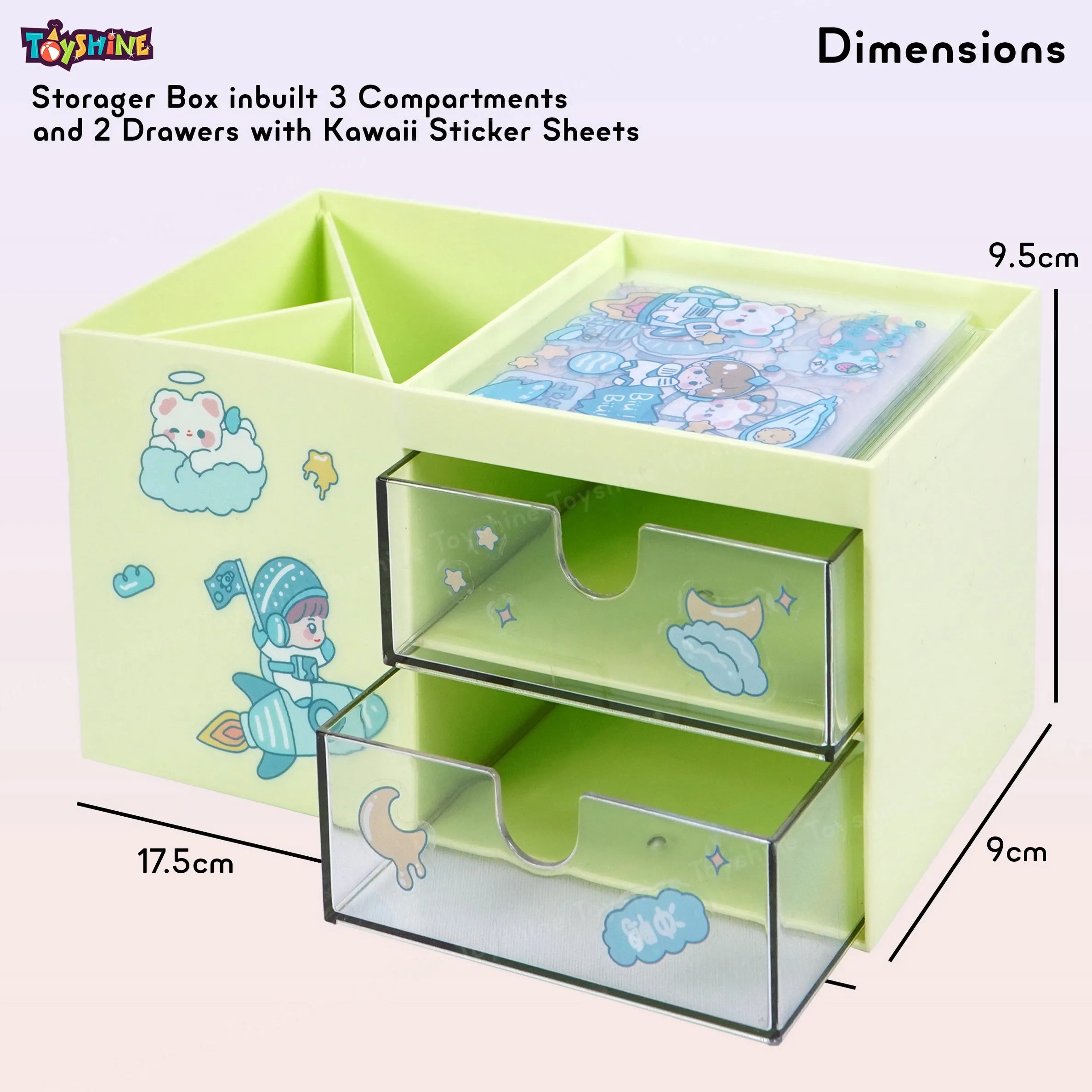 Toyshine Multi-Functional Desk Drawer Organizer Storages Box inbuilt 3 Compartments and 2 Drawers with Kawaii Sticker Sheets -Green