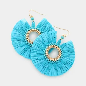 Turquoise Raffia Trimmed Open Circle Fun Fashion Earrings | Runway Earrings | 594841