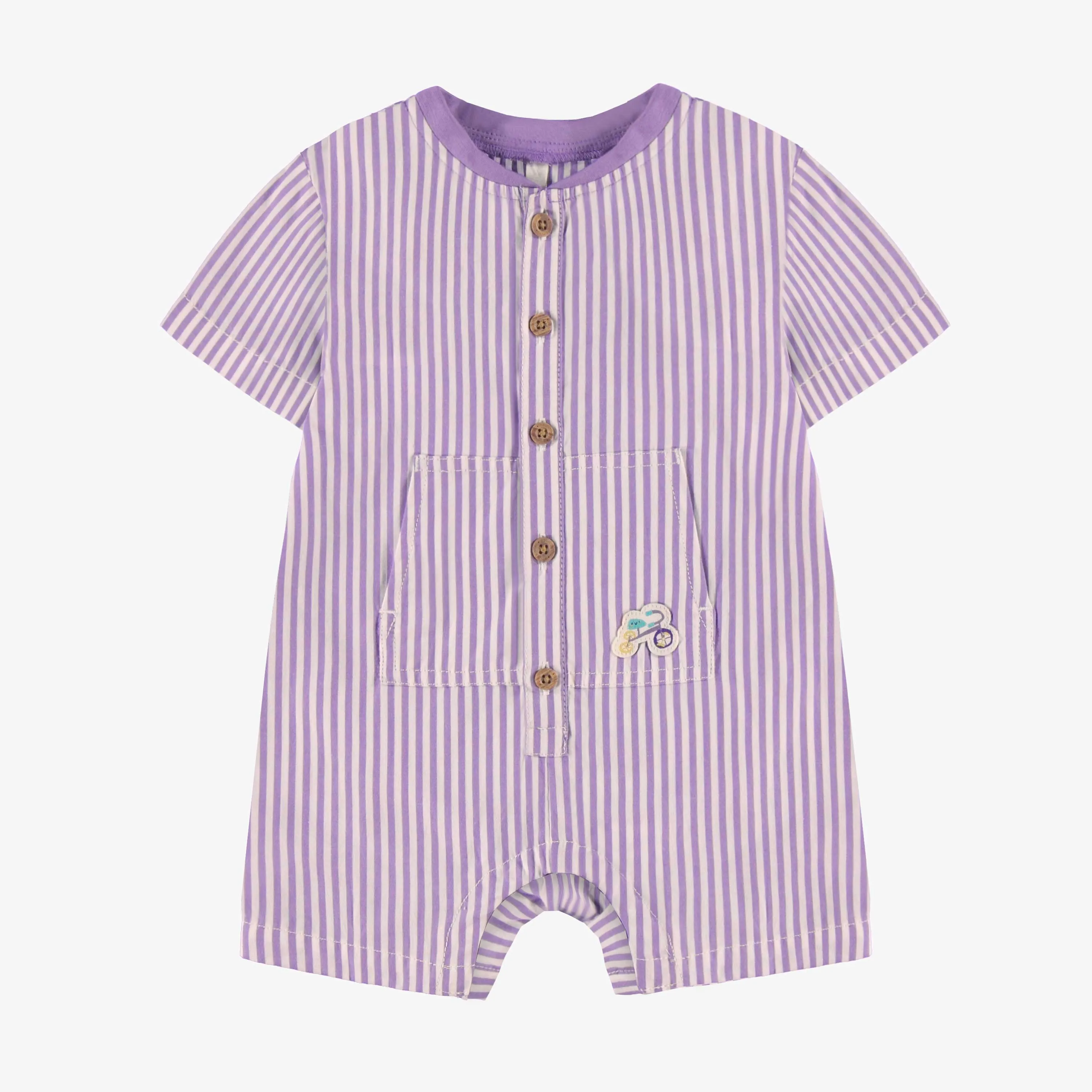 Une pièce mauve et blanc à rayures, naissance||Purple and white striped one-piece, newborn