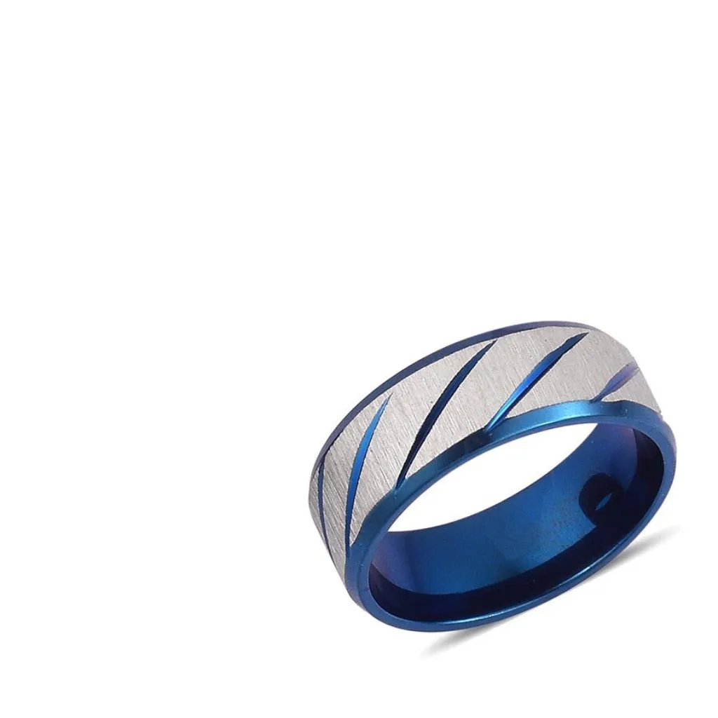Unisex ION Blue Plated Stainless Steel Ring with Diagonal Stripe