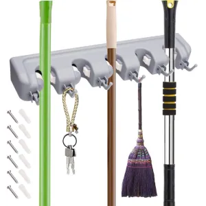 Veeca Skidproof Mop and Broom Holder Garden Tool Organizer with 5 Position and 6 Hooks Wall Mounted Garage Hanger for Kitchen, Garage, Garden, Warehouse