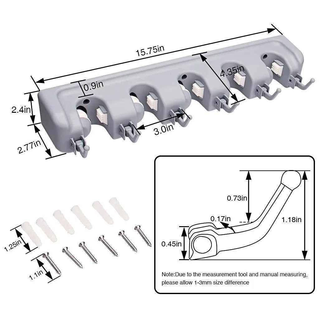 Veeca Skidproof Mop and Broom Holder Garden Tool Organizer with 5 Position and 6 Hooks Wall Mounted Garage Hanger for Kitchen, Garage, Garden, Warehouse