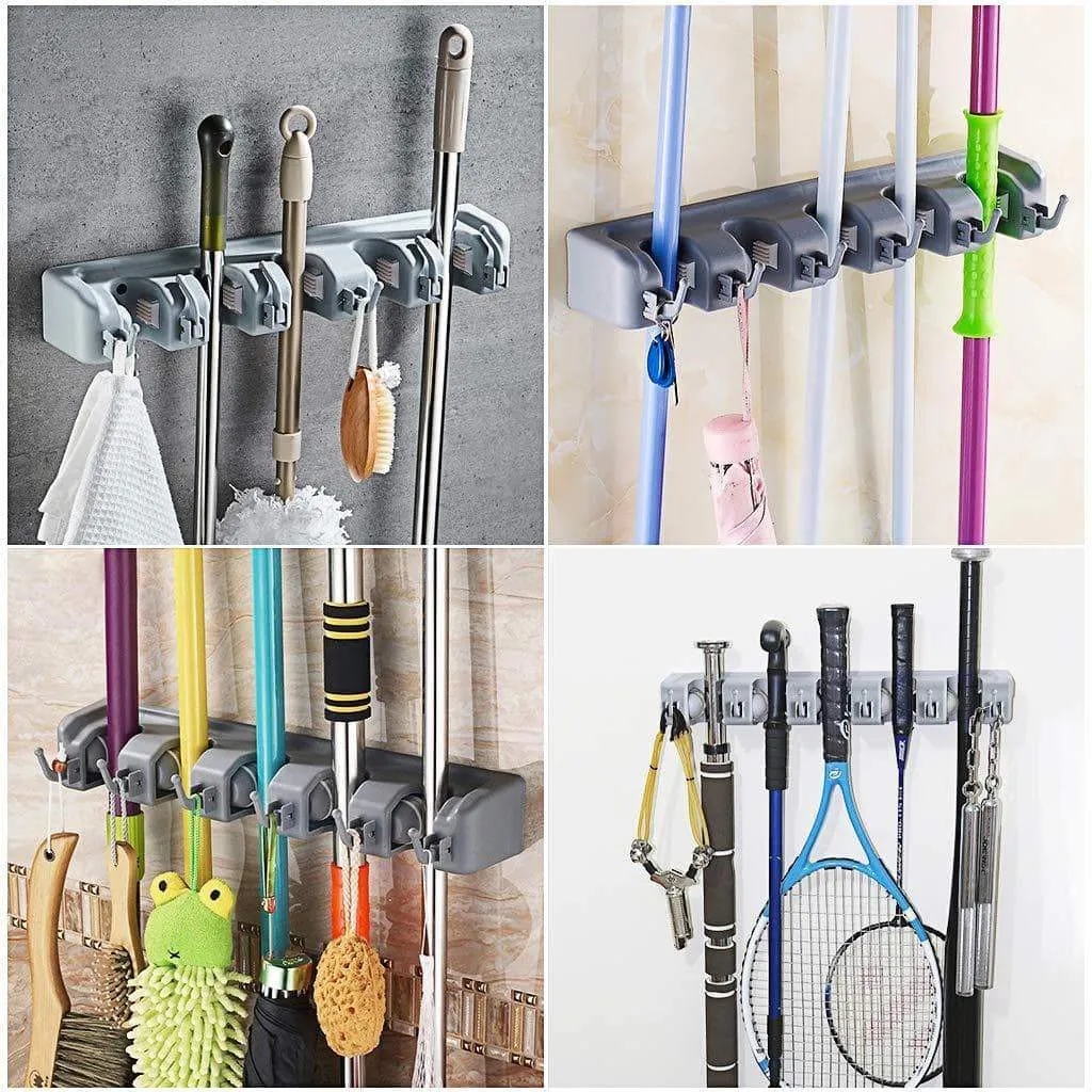 Veeca Skidproof Mop and Broom Holder Garden Tool Organizer with 5 Position and 6 Hooks Wall Mounted Garage Hanger for Kitchen, Garage, Garden, Warehouse