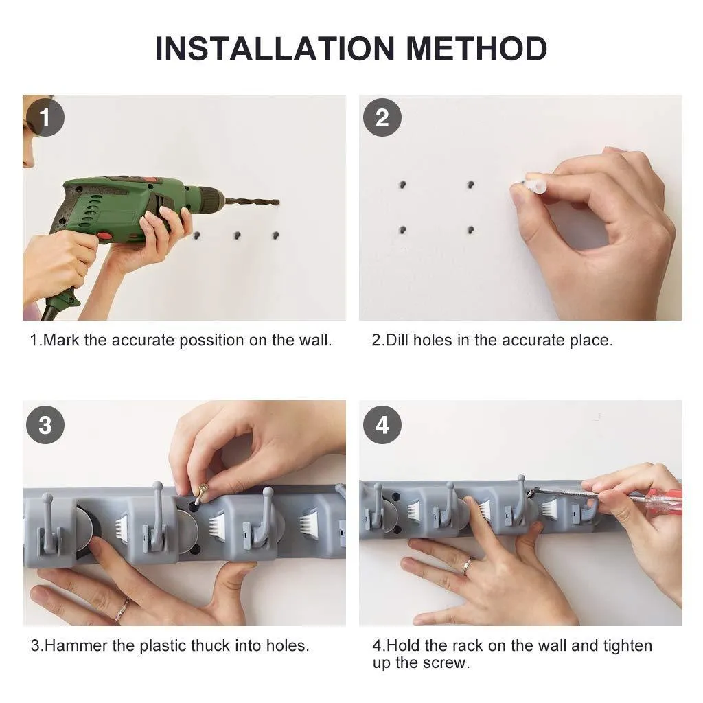 Veeca Skidproof Mop and Broom Holder Garden Tool Organizer with 5 Position and 6 Hooks Wall Mounted Garage Hanger for Kitchen, Garage, Garden, Warehouse