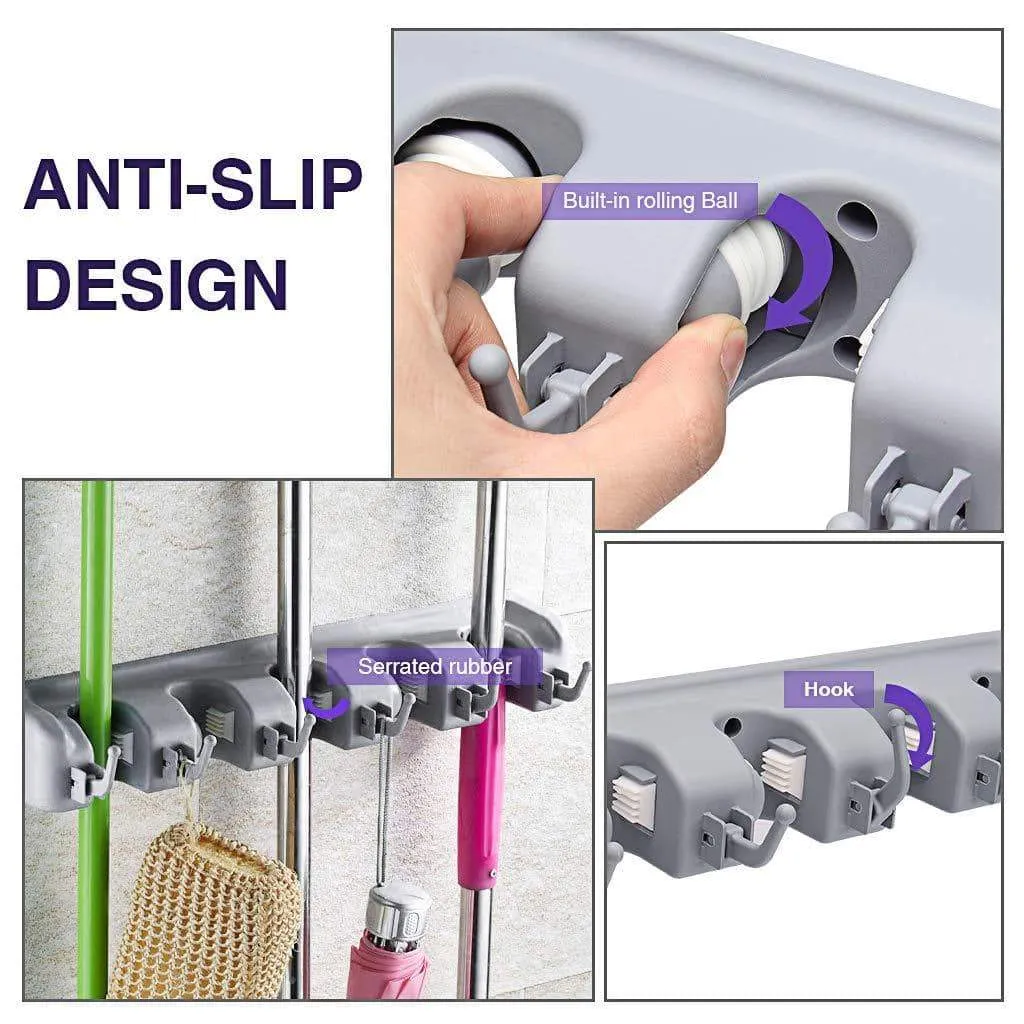 Veeca Skidproof Mop and Broom Holder Garden Tool Organizer with 5 Position and 6 Hooks Wall Mounted Garage Hanger for Kitchen, Garage, Garden, Warehouse