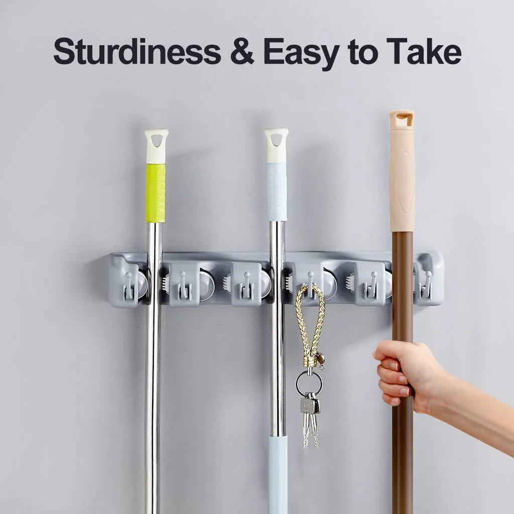 Veeca Skidproof Mop and Broom Holder Garden Tool Organizer with 5 Position and 6 Hooks Wall Mounted Garage Hanger for Kitchen, Garage, Garden, Warehouse