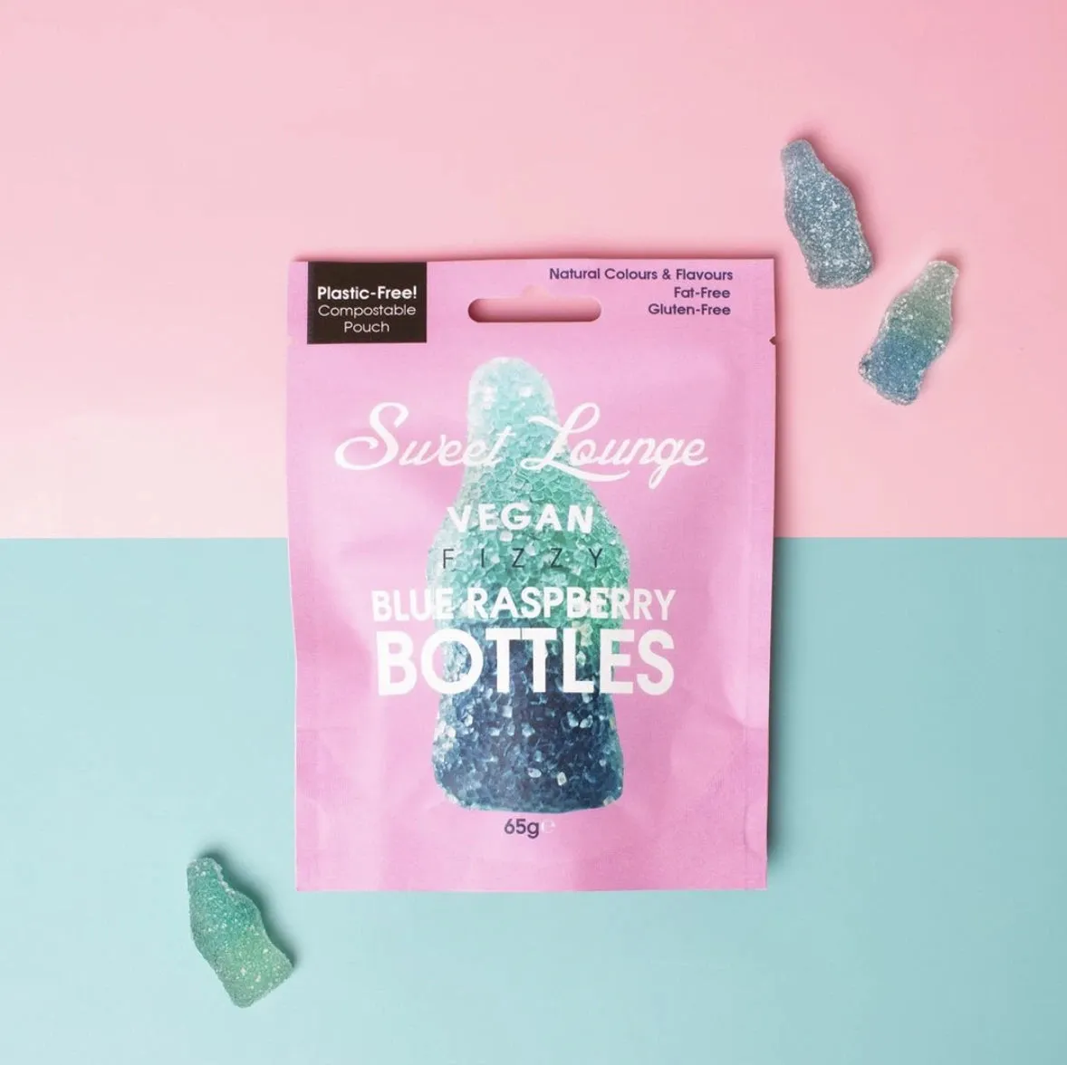 Vegan Fizzy Blue Raspberry Bottles Pouch 10 x 65g