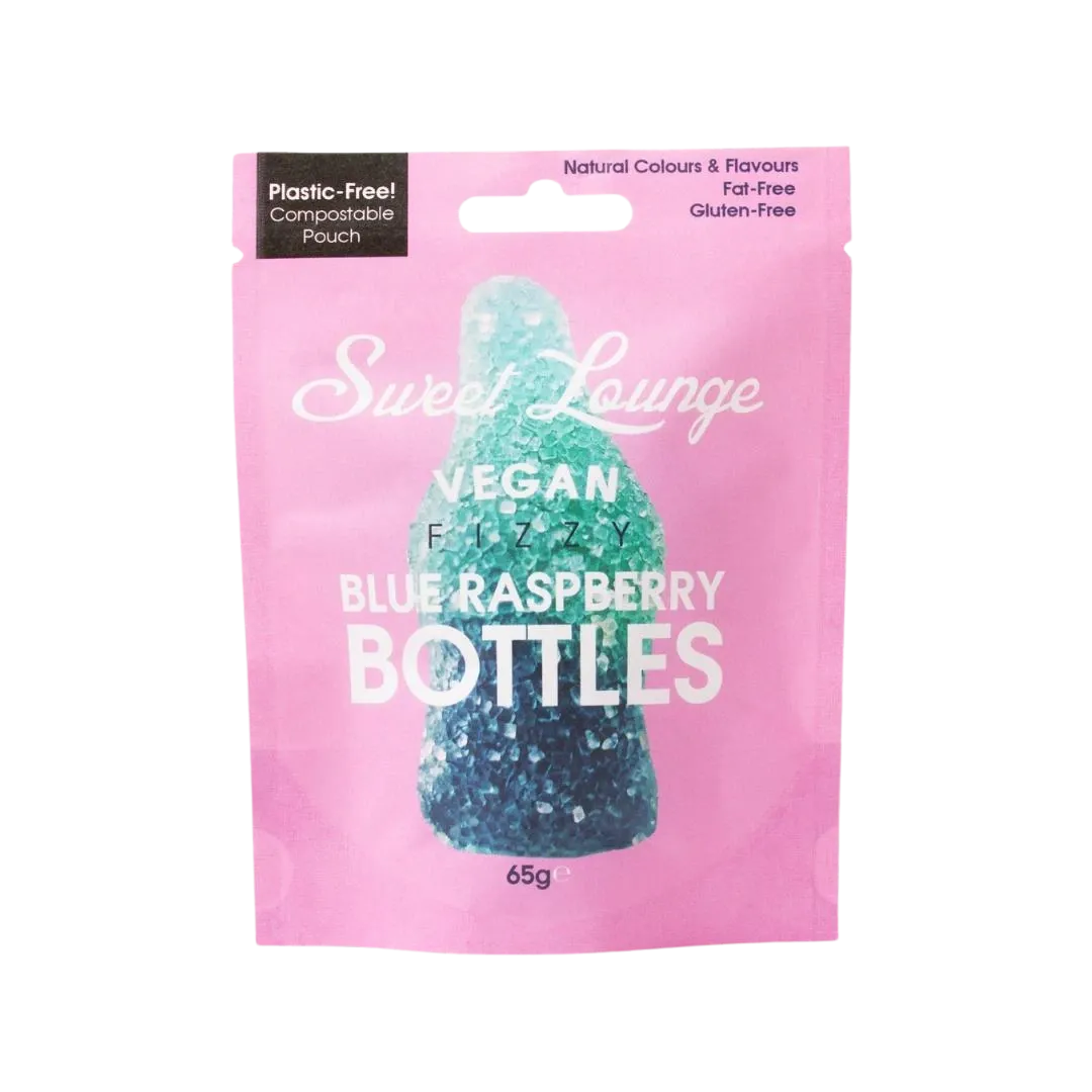 Vegan Fizzy Blue Raspberry Bottles Pouch 10 x 65g